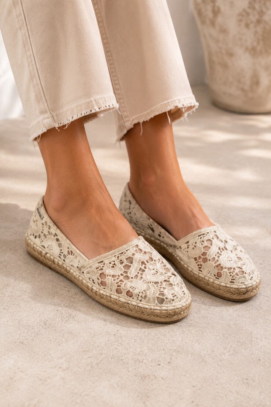 Soludos Womens Cream Tulip Lace Espadrille Slip On Flat Loafer Shoes Size 9